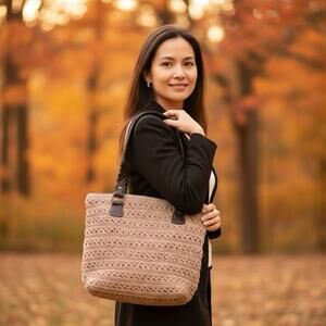 Womens Y2K Tote Bag Handbag Shoulder Purse Crochet Faux Leather Beige Brown VTG